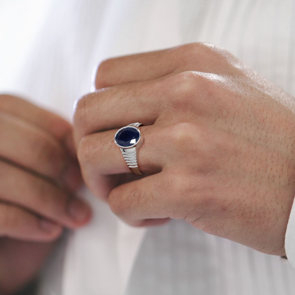 55Carat Natural Blue Sapphire Men's Ring - Sterling Silver Oval Birthstone Ring Sizes 4-13 - View #8